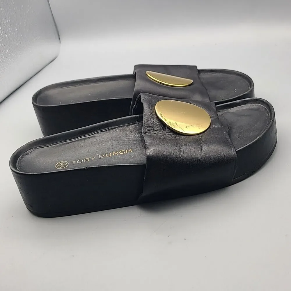 Tory Burch Black Leather Slide Sandals with Gold Medallions